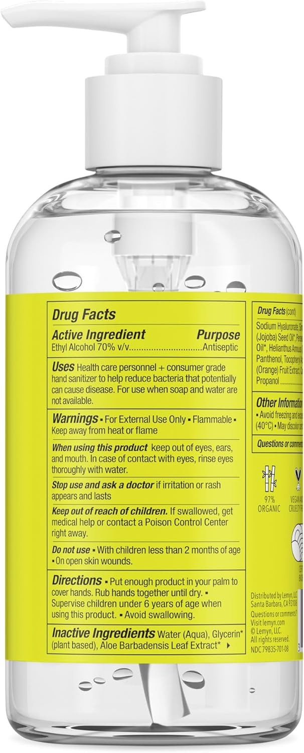 Lemyn Organics Hand Sanitizer | Green Certified &amp; Medical Grade | 236ml - 8 Fl Oz with Pump